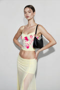 Floral print slim camisole low rise mesh skirt vacation set