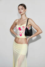 Floral print slim camisole low rise mesh skirt vacation set