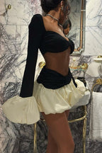 Flared Sleeve Color Block Crop Top Puffy Skirt Set