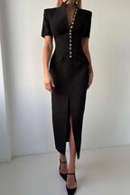 Kathy Unique Metal Pattern Buttons High Neck Short Sleeve Pencil Slit Midi Dress
