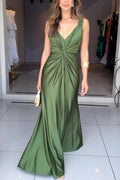 Glow Together Satin Knot Design Shoulder Strap Sleeveless Drape Slit Maxi Dress