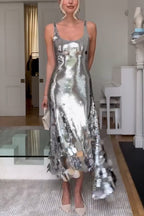 Party Tips Sequin Irregular Round Tassels Hem Back Cutout Tank Maxi Dress
