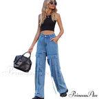 90s Streetwear Blue Cargo Casual Big Pockets Overalls High Waist Straight Denim Jean