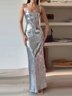 Edith Chic Charming Sequin Sling Square Collar Backless Dress Skirt Evening Wear Edit