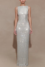 Holiday Nights Sequin Boat Neck Sleeveless Slit Maxi Dress
