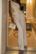Fashion One-shoulder Slim-fit Button Vest and Casual Pocket Straight-leg Suit Pants Set