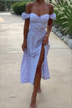 Off Shoulder Floral Slit Midi Dress