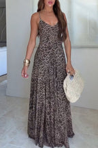 Jaycie Tulle Leopard Print V-neck Pleated A-line Hem Slip Maxi Dress