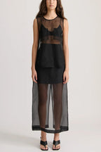 Embraces Modern Sheer Organza Pocket Oversized Tank and High Rise Slit Midi Skirt Set