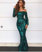 Cocktail Evening Dress off Shoulder Long Sleeve Retro Sequined Fishtail Dress