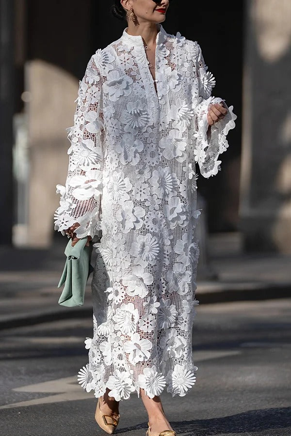 Solid Color Hollow Embroidery Loose Long Sleeve Midi Dress