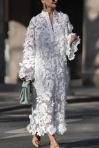 Solid Color Hollow Embroidery Loose Long Sleeve Midi Dress