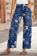 Floral Print Loose Pocket High-waisted Wide-leg Jeans