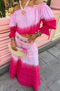 Fashionable Gradient Off Shoulder Long Sleeve Top and Resort Style Spliced Maxi Skirt Set