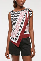 Gracie Unique Print Knotted Scarf Top and Elastic Waist Pocketed Loose Pants Set