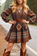 Bohemian Style V-neck Fitted Waist Casual Mini Dress