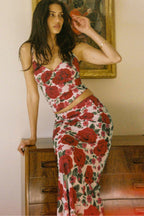 V Neck Floral Print Bodycon Maxi Skirt Set