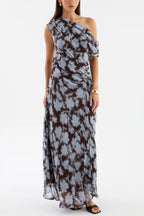Unique Print Asymmetrical Off-Shoulder Pleated Waist Casual Maxi Dress
