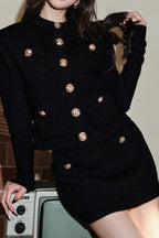 Round Button Boucle Sweater Skirt Tweed Suit Set