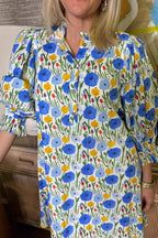 Watercolor Floral Print Tie-Waist Puff Sleeve Shirt Dress