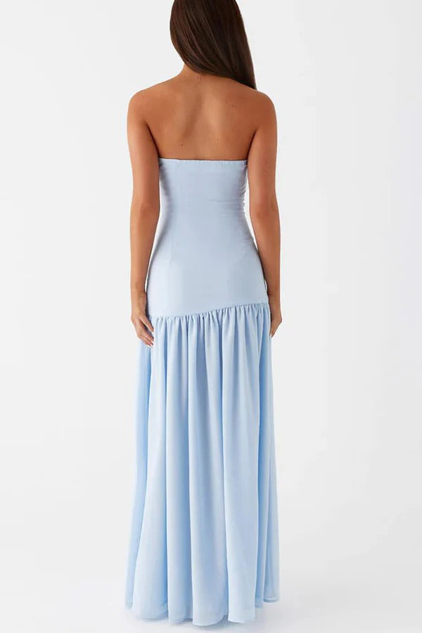 Lizzy Exclusive Strapless Semi Sheer Patchwork Chiffon Maxi Dress Statement Occasion Edit