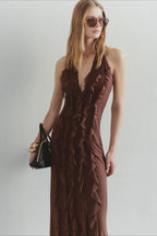 Solid  Halter Deep V Back Lace Detail Long Prom Dress