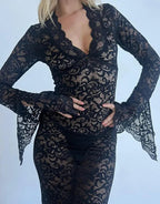 Floral Mesh Flare Sleeve Maxi Dress