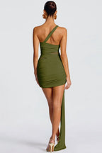 Sheer Mesh One Shoulder Ruched Wrap Dress