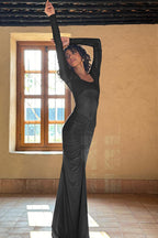 Square Neck Mesh Panel Bodycon Maxi Dress