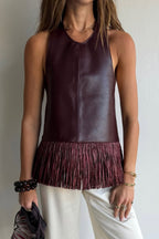 Stylish Halter Neck Sleeveless Leather Tassel Loose Top