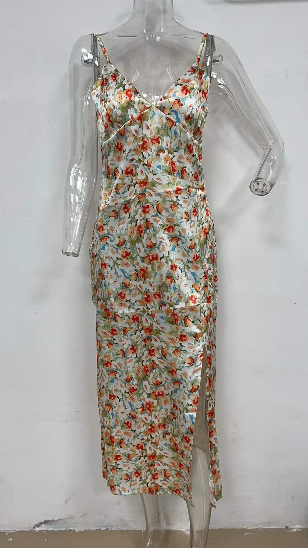 Small Floral Print Vestidos Slit Hemline at Hem Mid - Length Strap Estampado Floral Dress