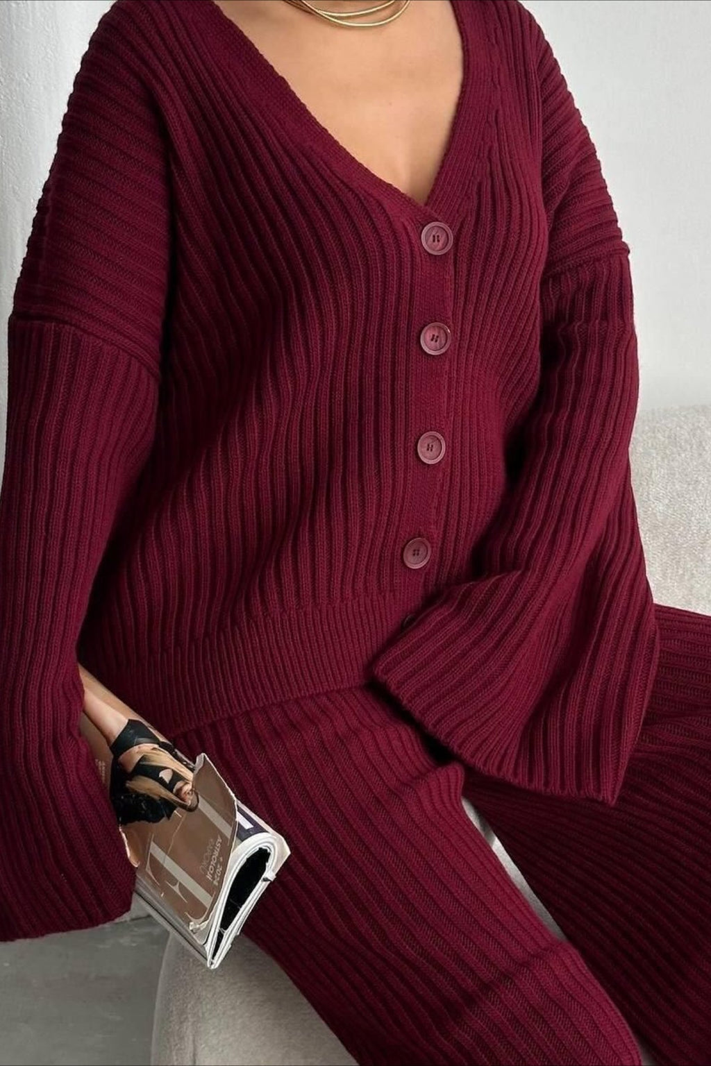 Solid Color Knit Sweater Pants Knit Set