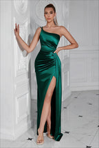 One Shoulder Ruched Waist Slit Sexy Formal Dress