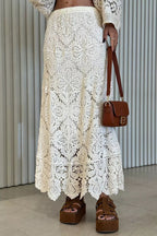 Anina Knit Crochet Cutout High Rise Elastic Waist Maxi Skirt