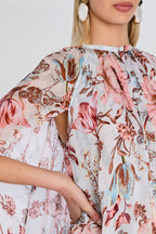 Sunset Frequency Tropical Print Ruched Hem High Low Cape Maxi Dress