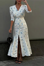 V Neck Ruched Waist Slim Fit Chic Floral Dress
