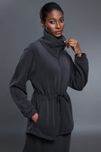 Air Layer Stand Collar Drawstring Waist Mid Length Jacket
