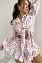 Floral Long Sleeve Lapel Ruffle Shorts Two Piece Set