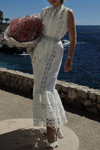 Cutwork Embroidered Tie-Waist Sleeveless Shirtdress