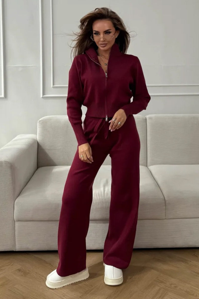 Long Sleeve Zippered Cardigan Knit Set
