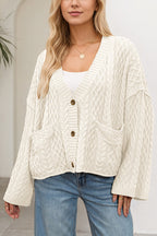 Solid Color Loose V-neck Long-sleeved Casual Pocket Knitted Cardigan