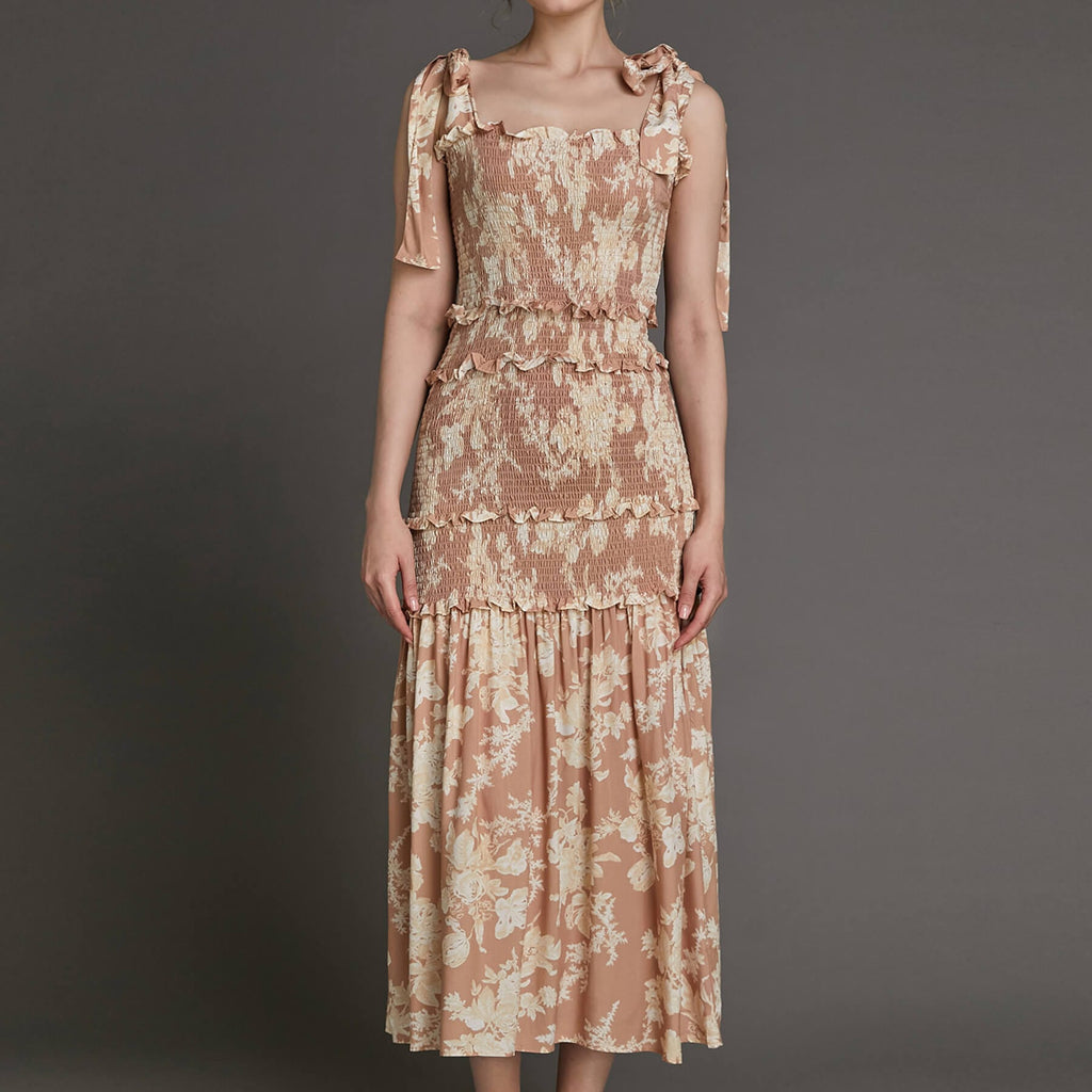 Bisque Floral Print Tie Strap Smocked Ruffled Maxi Dress