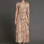 Bisque Floral Print Tie Strap Smocked Ruffled Maxi Dress