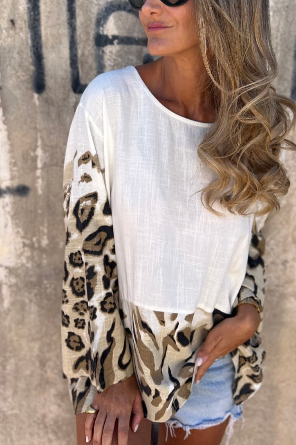 Leopard Print Loose-fitting Round Neck Long-sleeved Casual Top