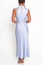 Touch of Allure Satin Drape High Neck Lace Detail Maxi Dress