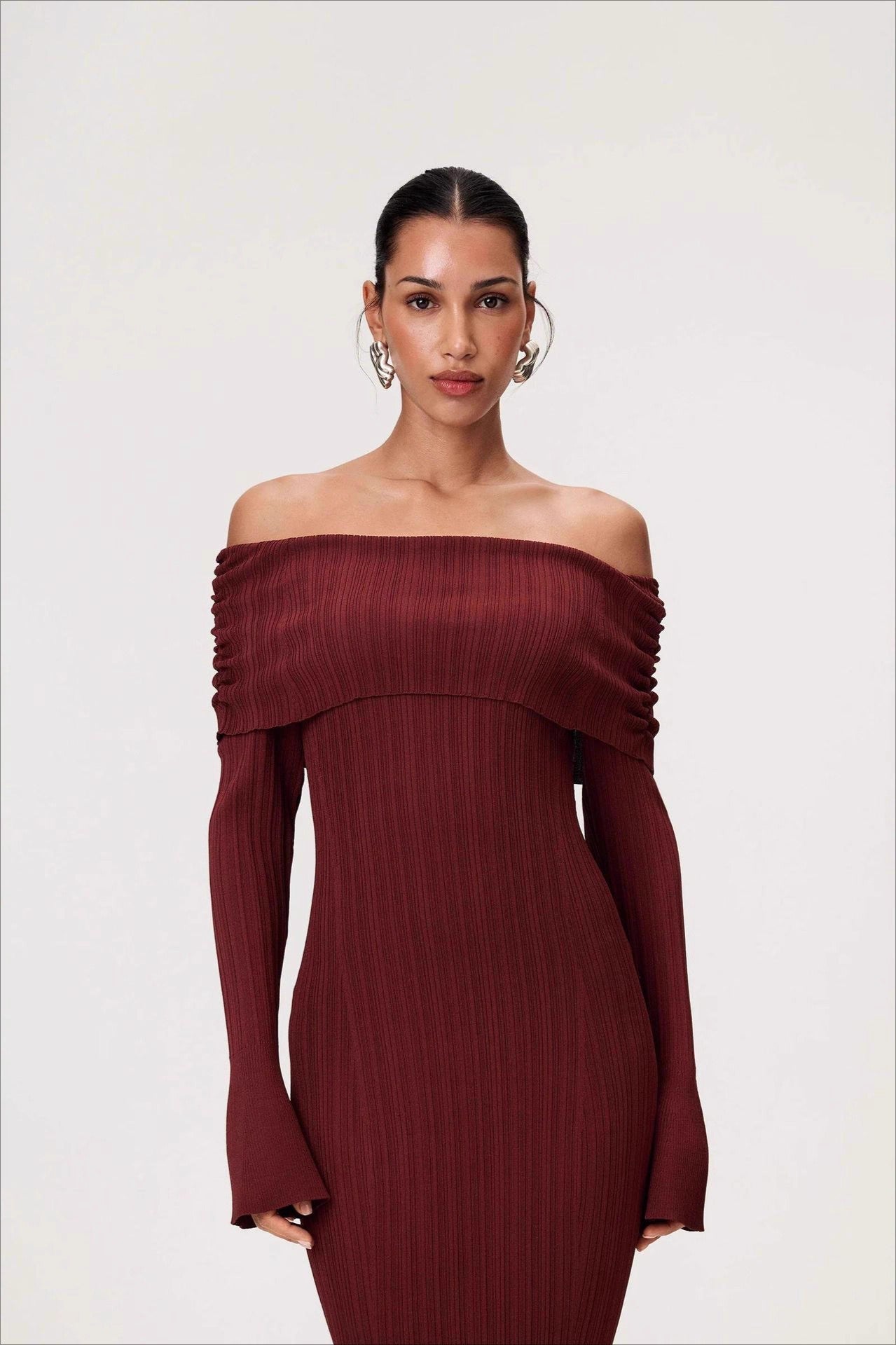 Sexy Solid Ruched Off-Shoulder Knit Bodycon Dress