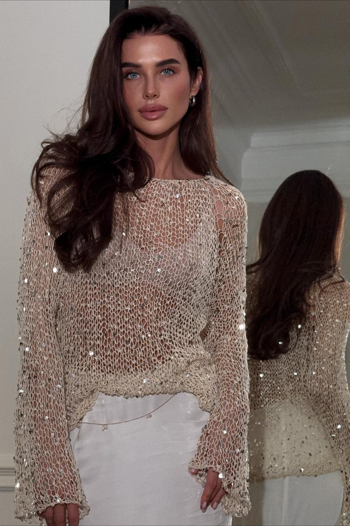 Sequin Trim Long Sleeve Knit Mesh Top