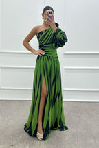 Roma Minimalist One Shoulder Dress with Rose Detail and Patterned Design Statement Occasion Edit