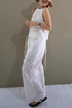 Linen Blend Solid Color Hollow Loose Vest and Elastic Waist Casual Pocket Wide Leg Pants Set