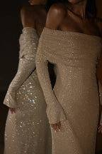 Metallic Trim Slimming Off-Shoulder Bodycon Party Dress